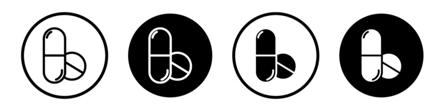 Medicine of pills and capsules icons pack in black and white versions for web.
