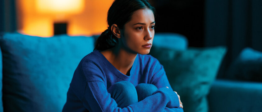 A young woman sitting on a sofa, looking concerned and thoughtful. The room is dimly lit with a blueish hue