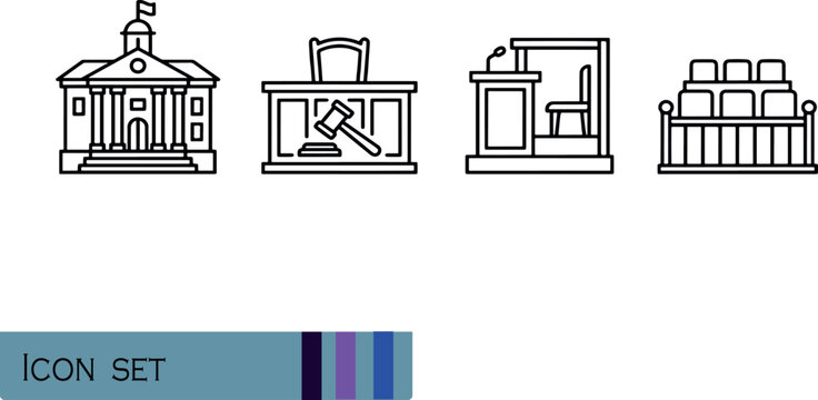Print Law Courtroom and Judicial Infrastructure Icons - Professional Minimalist Vector Symbols for Courthouse Buildings Judge Desks Witness Podiums and Jury Benches