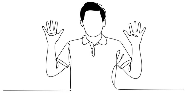 Continuous single line drawing of a young man with hands up in a gesture of surrender or excitement Vector, illustration