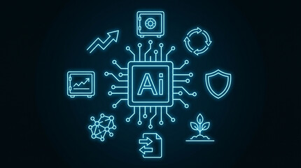 Fototapeta premium Futuristic AI ecosystem with glowing central AI chip labeled “AI”, connected via radiant data lines to finance holographic icons representing growth, security, transactions, and investment systems.