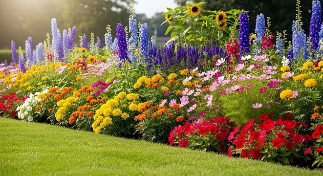 Vibrant flower bed with colorful summer blossoms in a sunny garden