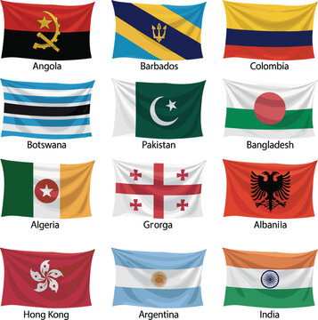Waving national flags set with country names, international global travel and education vector illustration