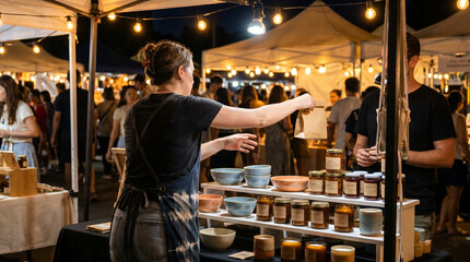 Fototapeta premium Female vendor in denim apron, artisanal ceramics and jars on display shelves, handing paper bag to customer, outdoor night market under string lights, commercial photography