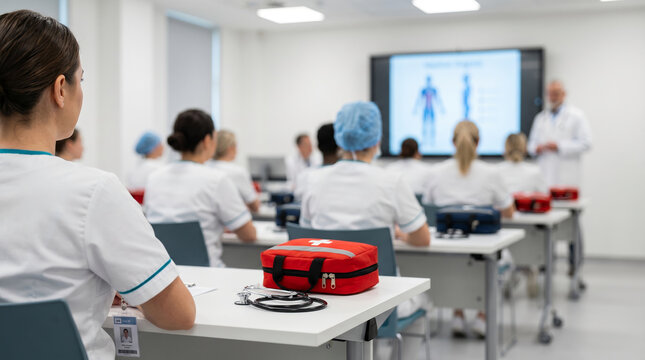 Nursing students in white medical scrubs, red first aid kit with stethoscope on table, attending lecture by doctor, bright medical classroom, healthcare education