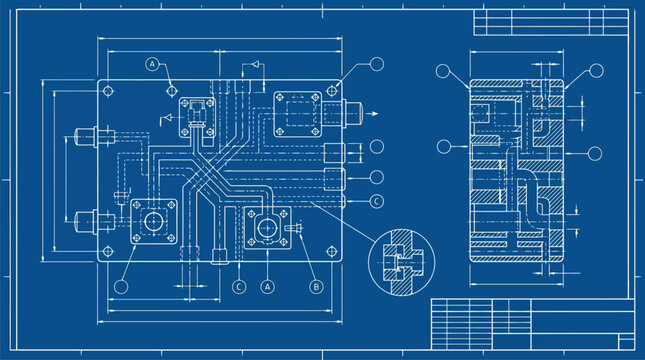 Vector electronic circuit schematic with blue blueprint layout.