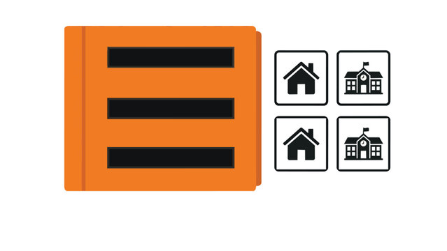 Orange aac book with home and school icons in flat minimalist shot for special education marketing