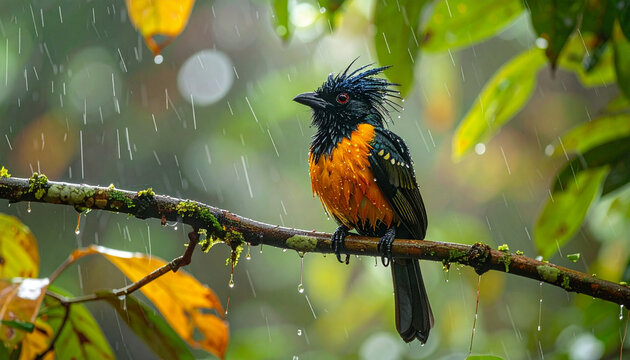 Colorful bird perched on a branch in the rain nature wildlife photography