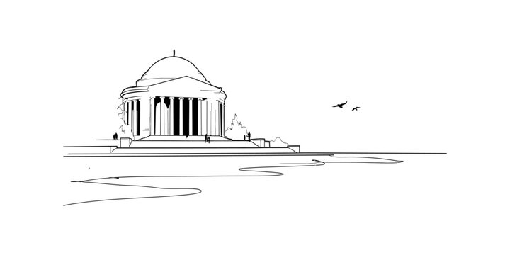 Line drawing of a classical building with columns and dome