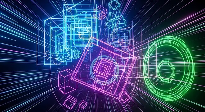 Abstract digital background with neon glowing wireframe cubes