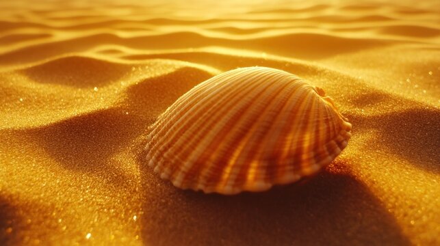 Sun-drenched seashell on golden sand.