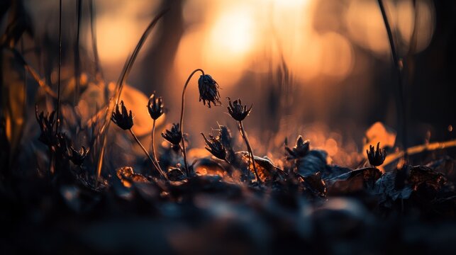 Silhouettes of withered wildflowers bathed in golden sunlight.
