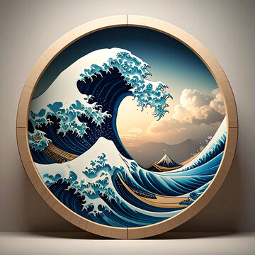 Japanese Great Wave artwork in circular wooden frame