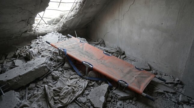 Empty stretcher in debris of collapsed building aftermath  