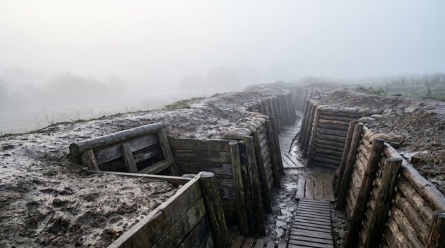 Foggy trench at dawn surrounded by misty landscape  