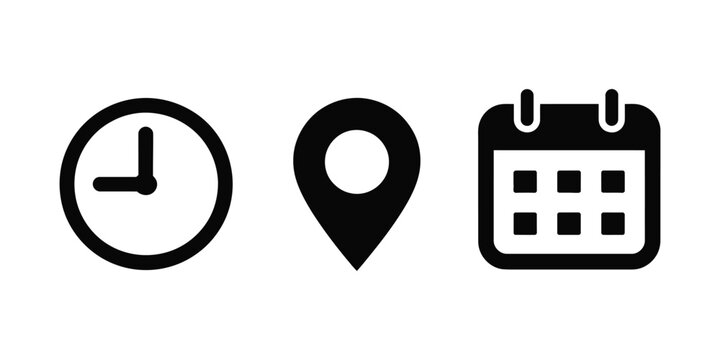 Time, address, and date icon vector with modern flat design, including clock, location pin, and calendar interface symbols.