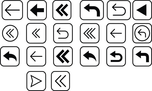 Arrow line icons set, back button navigation symbol for user interface design, undo curve left direction indicator square graphic,