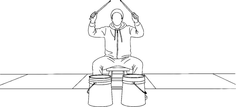 Illustration of person balancing with drumsticks on buckets.