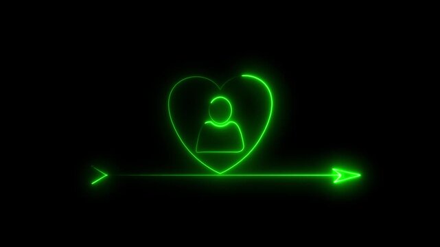 Neon green heart with user and arrow animation on black background, profile