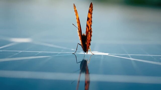 Vibrant butterfly with patterned wings perched on a reflective solar panel