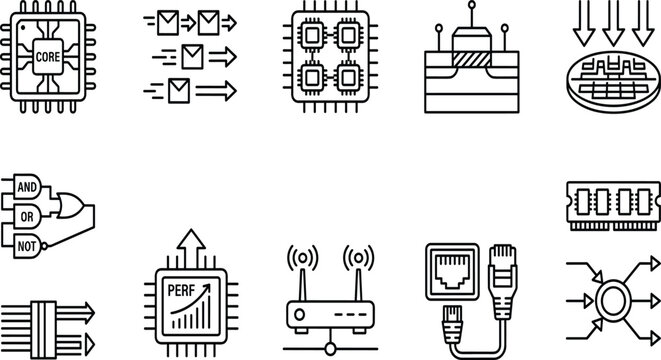 Computer hardware and microchip processor line icons set, multi core cpu engineering, logic gates, network ethernet cable router, ram memory,