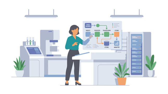 Female Engineer Explaining Complex Data System Architecture in a Modern Technology Laboratory.