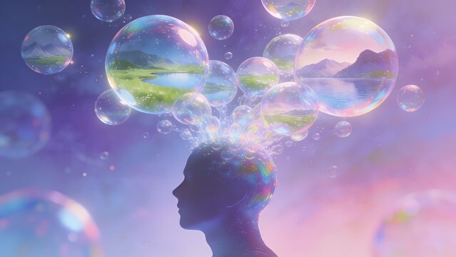 Vibrant Bubbles of Landscapes Emerge from a Human Head, Symbolizing Imagination and Creative Thought.