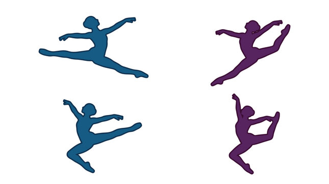 Silhouettes of graceful ballet dancers jumping in the air