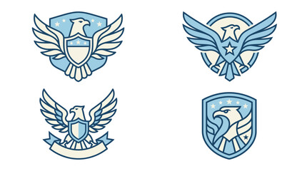 Obraz premium Four blue eagle crests and shield emblems on a white background