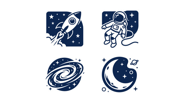 Minimalist outer space icons featuring a rocket and astronaut