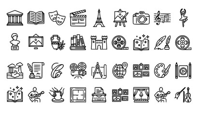 Modern culture and arts outline icon set with museums cinema literature and heritage concepts © Mehedi