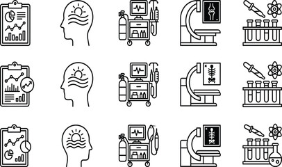 Medical equipment and healthcare line icons set, hospital diagnostic laboratory test tubes, anesthesia cart station, radiological x-ray scanning, clipboard, © Mdjoshelahamed4400 