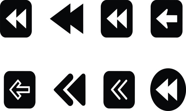 Rewind and back arrow glyph icons set, media player navigation fast backward buttons, undo previous direction square circle symbols,