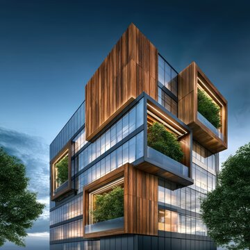 Futuristic luxury apartment building with glass balconies and vertical gardens under blue sky with large copy space for proptech banners.