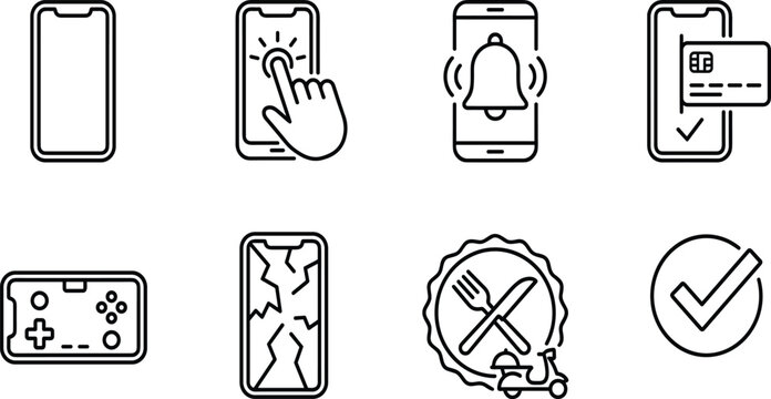 Smartphone applications and features line icons set, mobile banking payment, food delivery scooter, hand touch screen, gaming controller, cracked display,
