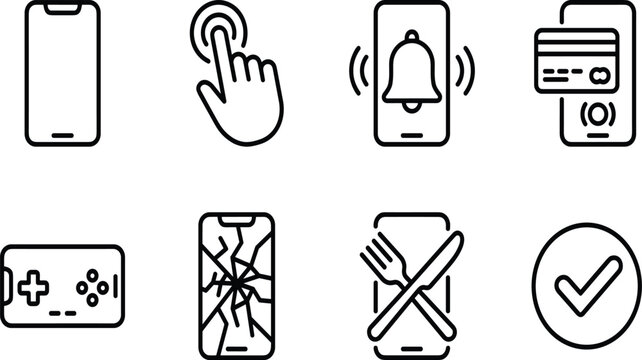 Smartphone functionality and features line icons set, mobile transaction payment, food ordering service, gaming controller, broken display screen, notification bell,