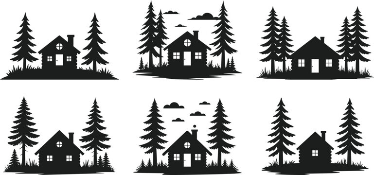 Set of  forest log cabin house surrounded by pine trees for outdoor adventure wilderness silhouette vector icon