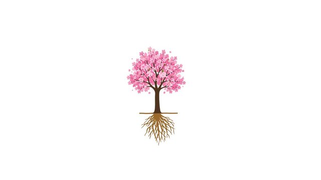 Cherry blossom tree growing animation with underground root system showing lifecycle development on white background