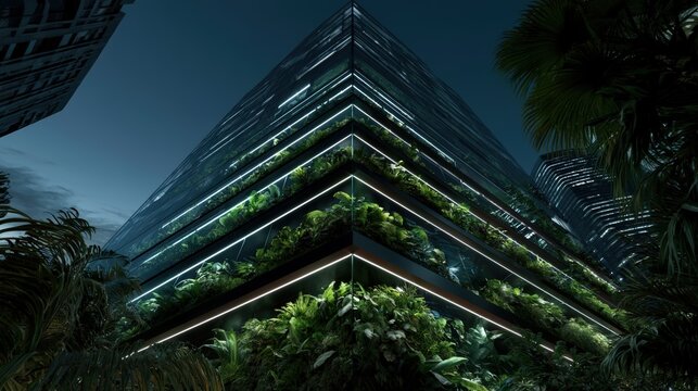 Futuristic luxury apartment building with glass balconies and vertical gardens under blue sky with large copy space for proptech banners.