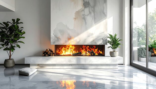 Modern living room with builtin fireplace and natural light