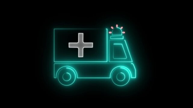 An animated neon ambulance icon with a medical cross. Represents emergency medical services, swift healthcare, first aid and hospital transport.