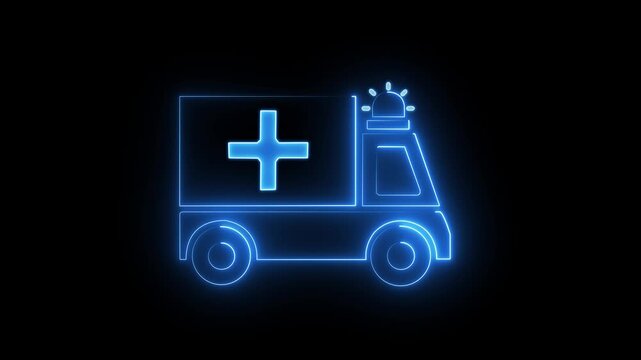 An animated neon ambulance icon with a medical cross. Represents emergency medical services, swift healthcare, first aid and hospital transport.