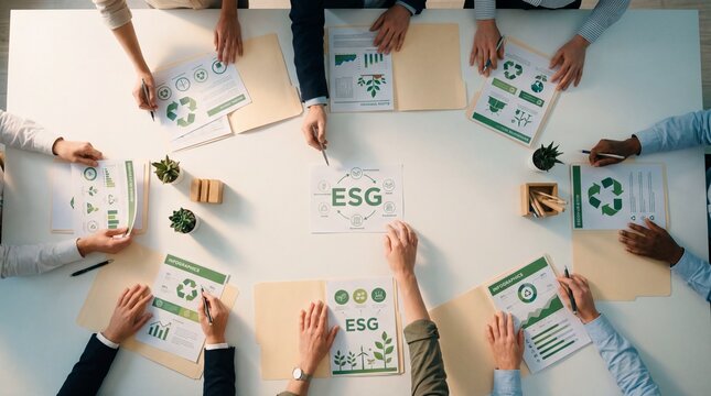 ESG report meeting with diverse professionals around table reviewing sustainable charts and recycling graphics, collaborative discussion and planning for environmental and social strategy