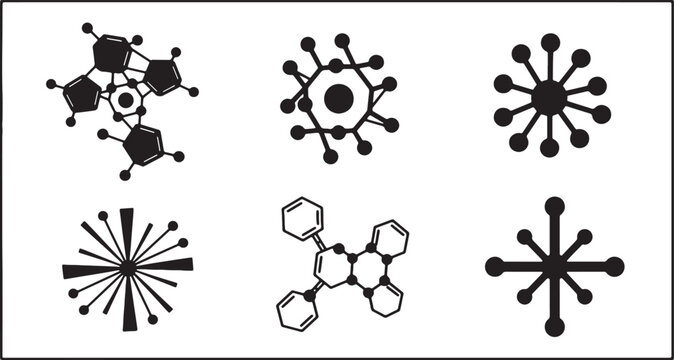 Set of six black and white minimalist molecular and atomic structure icons featuring hexagonal rings, pentagonal bonds, radial nodes, and scientific chemical representations on a white background.