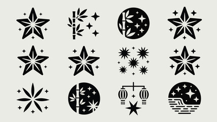 Tanabata festival elements including large stars, bamboo and sparkling dots in black and white. © Somiran