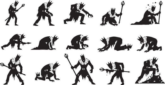 Collection of fifteen black silhouette illustrations of a dark fantasy king wearing a crown and ermine fur collar in various poses including crawling, standing, and holding a royal scepter.