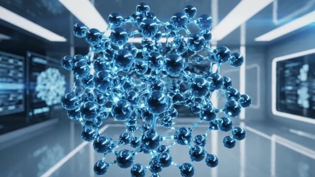 Blue molecular structure floats in a futuristic laboratory setting with screens