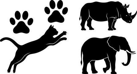Wildlife Animal Silhouette Collection Featuring Rhino, Elephant, Panther and Paw Print Icons for Nature Graphic Design Projects © mokbul