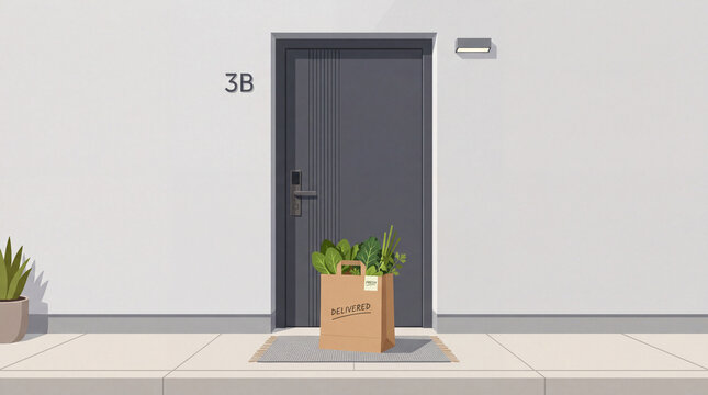A brown paper grocery bag filled with fresh vegetables delivered outside an apartment door numbered 3B