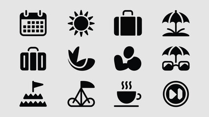 Solid black travel icon collection for vacation planning showing various holiday themes. © Somiran